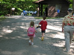 Ellery & Jacob Wheeler; Ruth Bennett McDougal Dorrough; cabin on Cayuga Lake; Jacob s birthday; Ellery wearing backpack