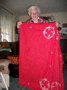 Julia (Judy) Kish Dorrough with the tablecloth that she is making for Norma Stout