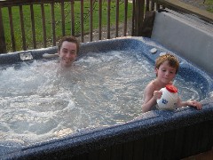 Andy McDougal; Jacob Wheeler; in the hot tub at Moose Lodge