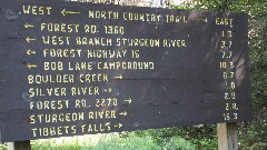 sign 
Forest Rd 1360
West Branch Sturgeon river
Bob Lake Campground
Boulder Creek
Silver River
Forest rd 270
Sturgeon River
Tibbets Falls