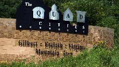 NCT; Minnesota; Virginia on Rt 53 -- Rt 20 in McKinley
sign The Quad Cities
Gilbert - Eveleth - Virginia - Mountain Iron